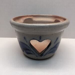 Rowe Pottery Works Heart Cutout Candle Crock Holder Votive Salt Glaze Folk Art